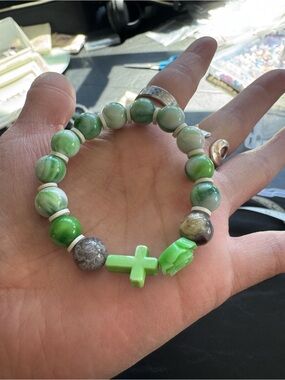 Green Beaded Cross Bracelet - Unbranded